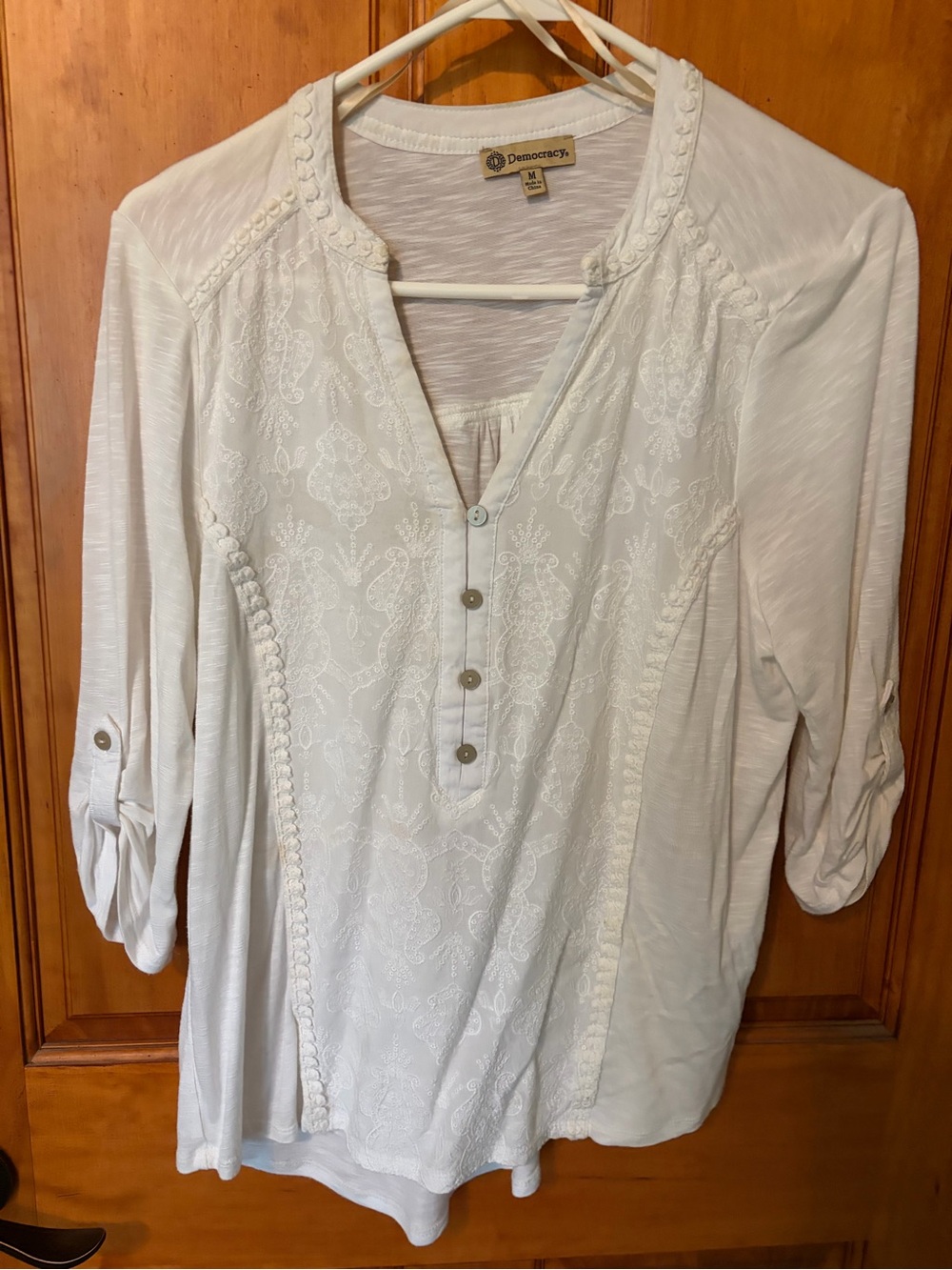 Democracy Ivory Embroidered Henley Tunic